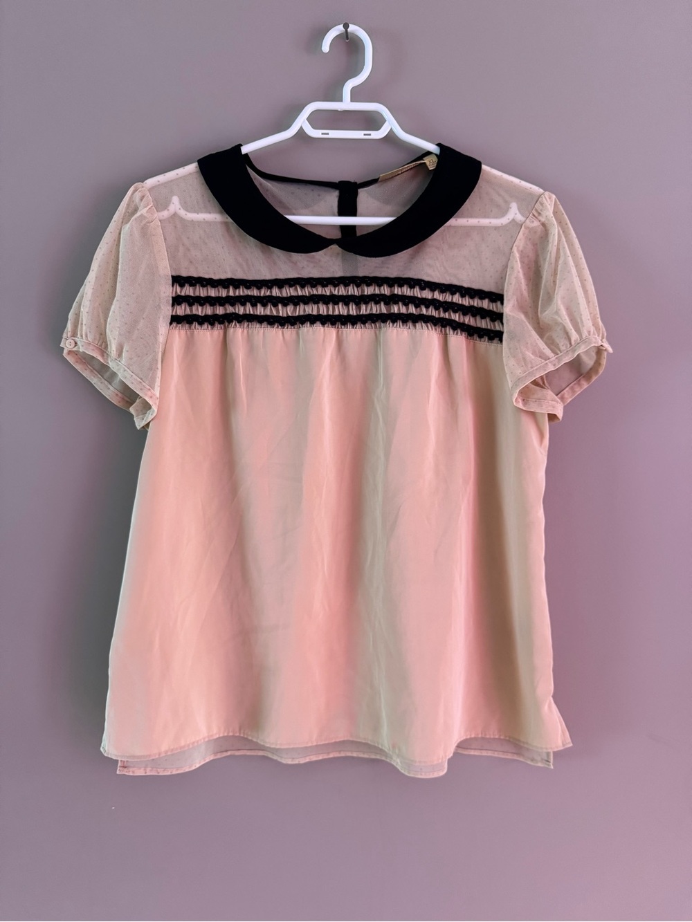 Beige Nude polka dots sheer short sleeves Top with Black Peter Pan Collar